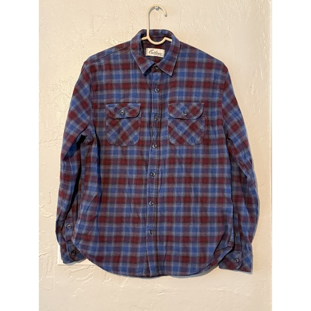 California Plaid Button-Down Shirt Men's Red Blue Med Flannel Casual Long Sleeve